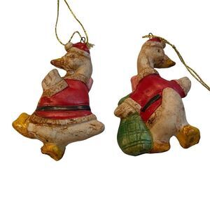 Vintage Ceramic Duck Christmas Tree Ornament Set of 2 Rustic Xmas Decor 3.5”